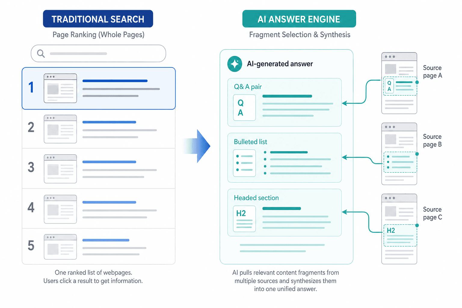 Diagram contrasting traditional search page ranking on the left with AI answer assembly from multiple extracted content fragments on the right