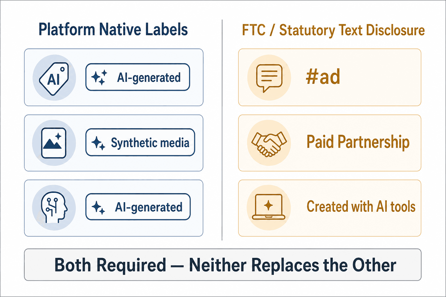 Two-column diagram showing platform native AI labels on the left and FTC statutory text disclosure examples on the right, with a note that both tracks are required