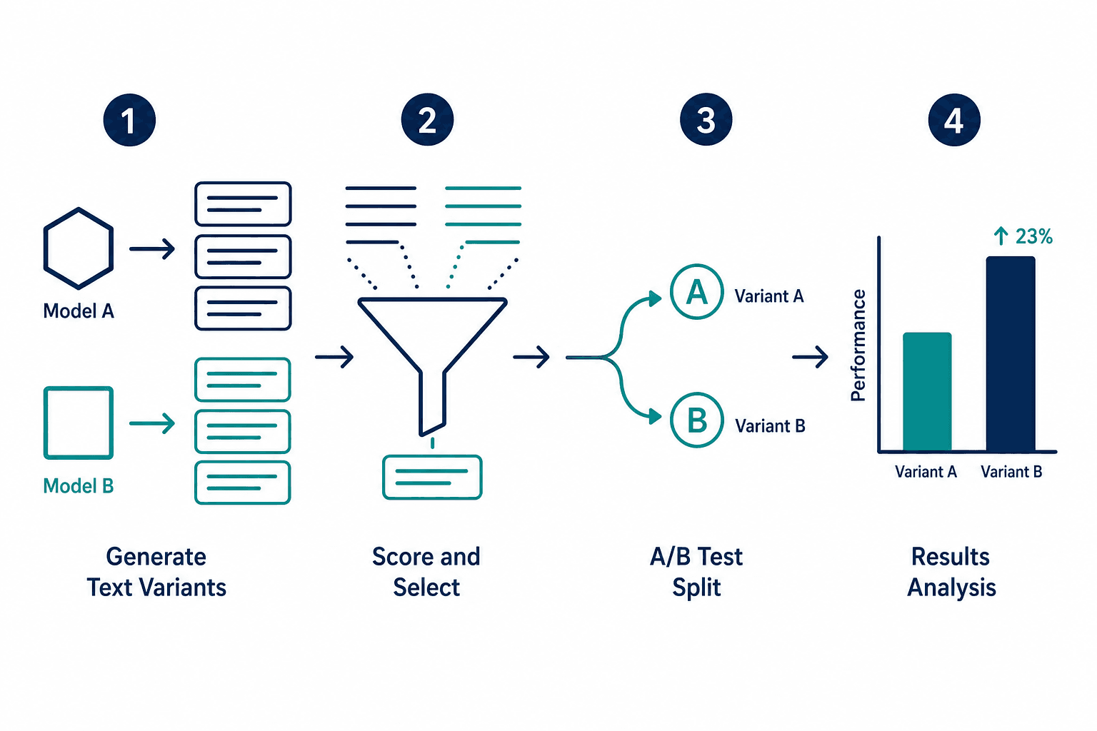 Four-step horizontal workflow diagram showing dual-model subject line generation, candidate filtering, A/B test split, and results analysis.