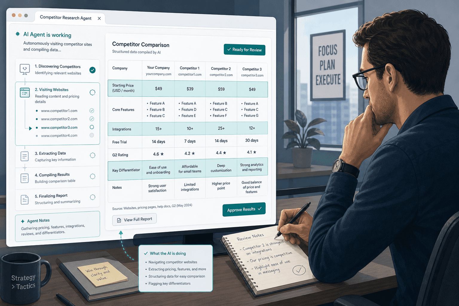 Marketing professional at a workstation reviewing an autonomous browser compiling a competitor data table on the left screen while approving the output on the right