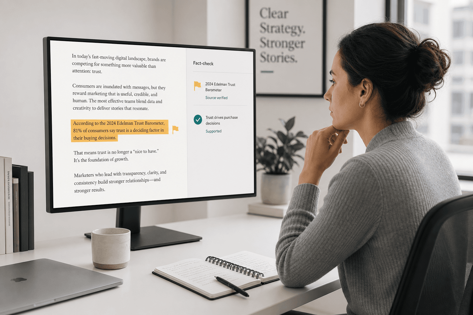 A marketing professional reviews a document on a large monitor with amber and teal verification icons highlighting specific sentences, suggesting an active fact-checking workflow.