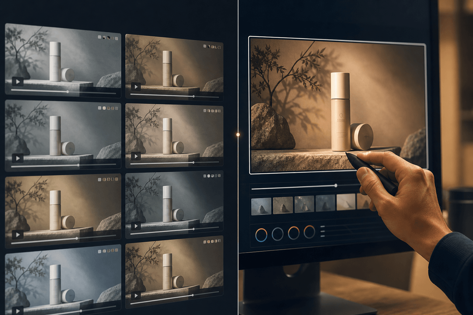 Split-composition image: left side shows a grid of video ad thumbnail frames in varied color treatments; right side shows a human hand with a stylus selecting a single video frame on a screen.