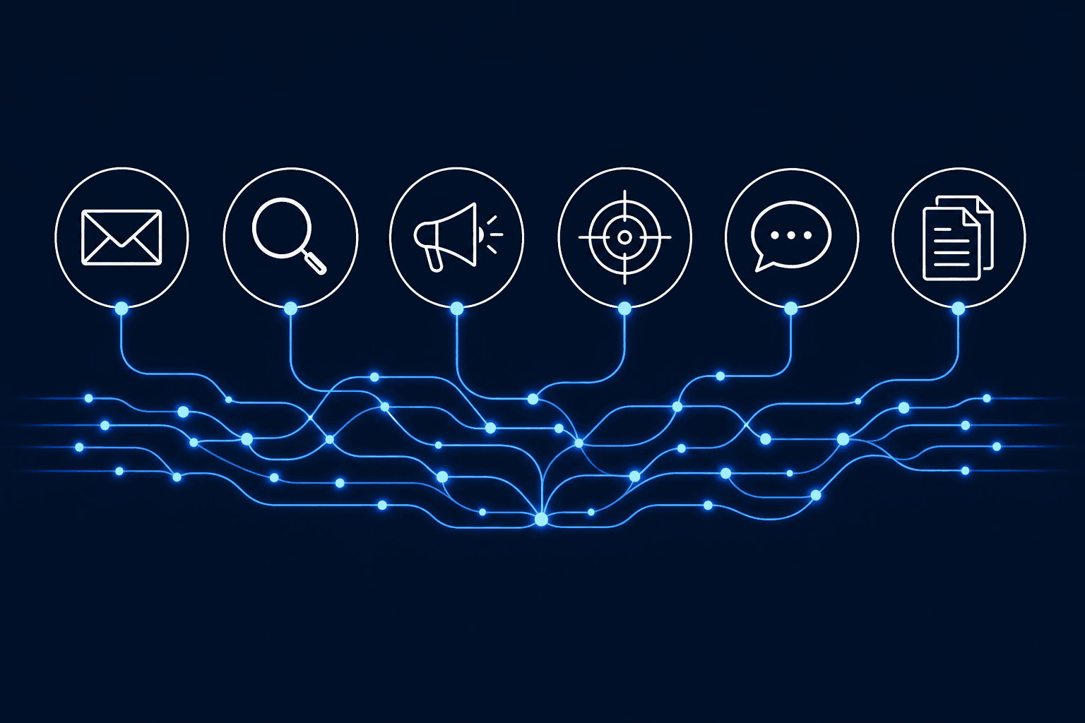 A horizontal channel map showing six demand generation channel icons connected by an electric-blue AI orchestration layer beneath them.