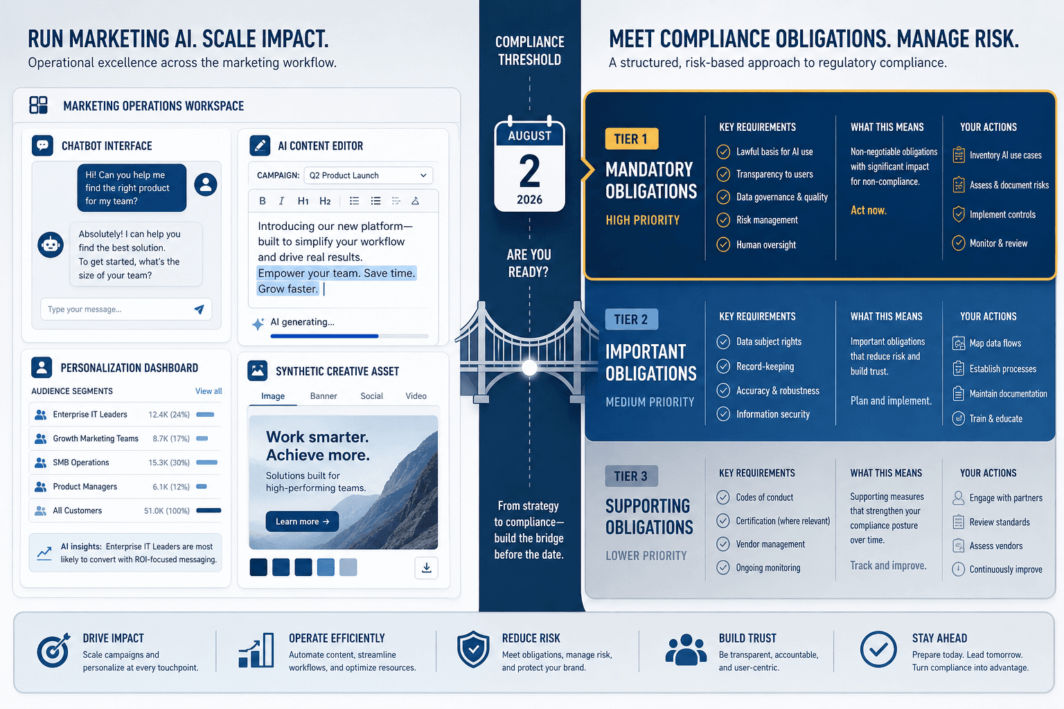 Split-panel illustration showing AI marketing tools on the left and a structured EU AI Act compliance obligation matrix on the right, bridged by a deadline threshold marker.