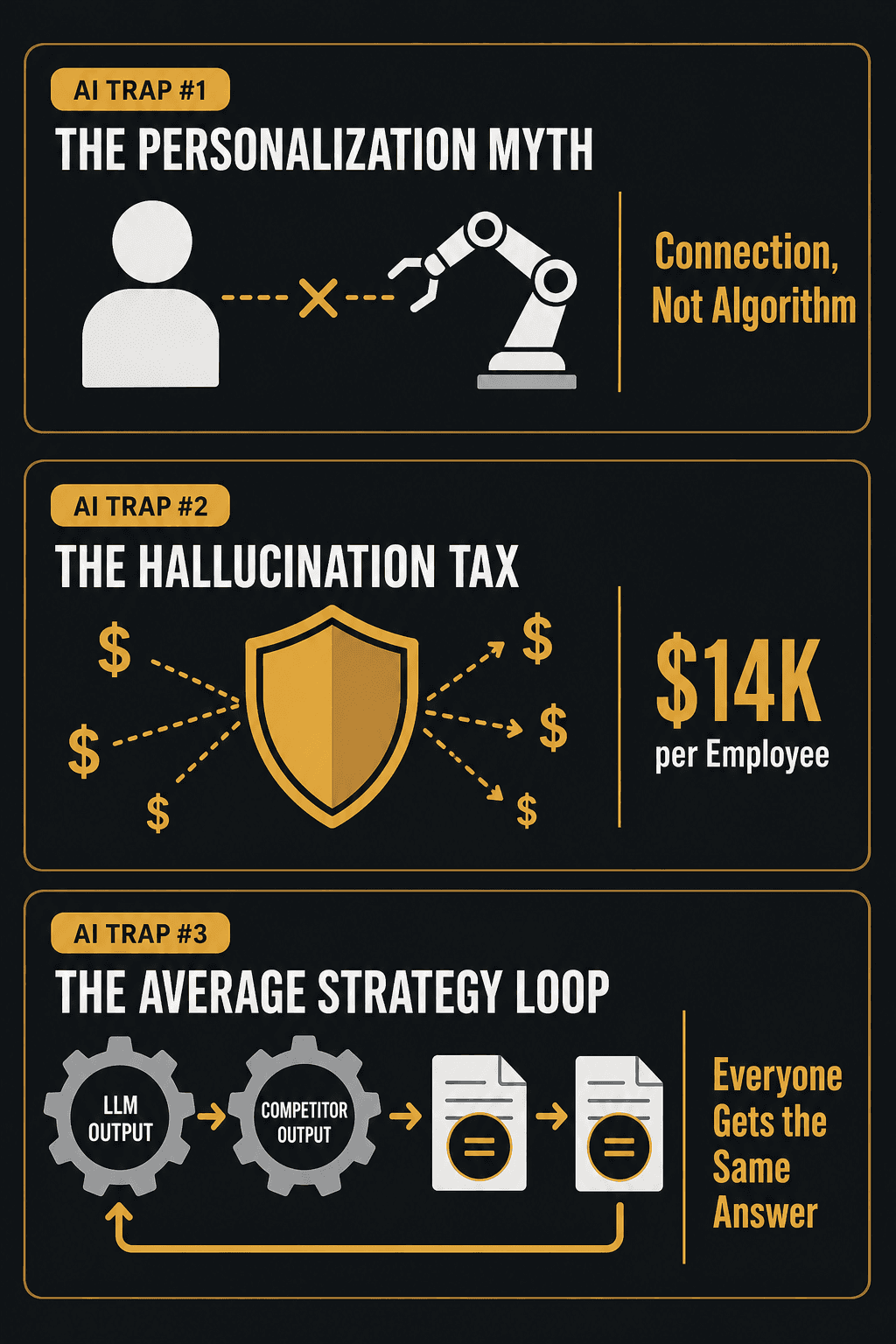 Three stacked panels illustrating the personalization myth, the hallucination tax, and the average strategy loop.
