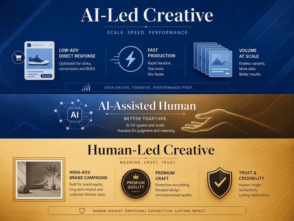 Three-band hybrid creative allocation framework showing AI-led creative for low-AOV direct response, an AI-assisted human overlap zone, and human-led creative for high-AOV brand campaigns.