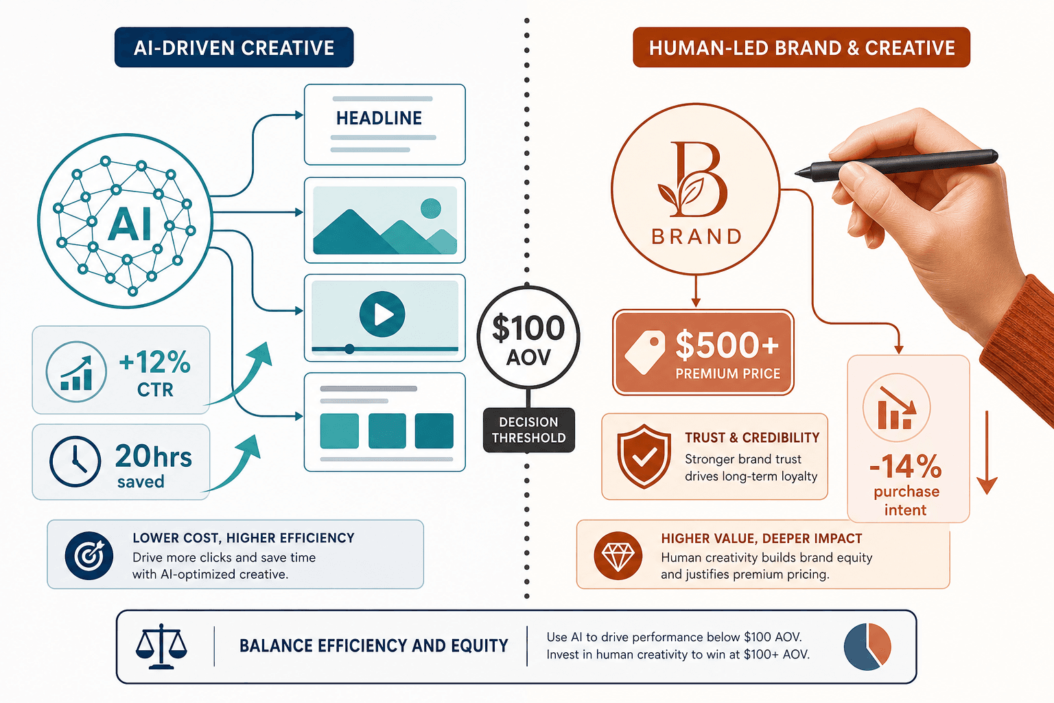 Split-composition illustration showing AI ad performance advantages on the left and human-led conversion advantages on the right, divided by a $100 AOV threshold marker.