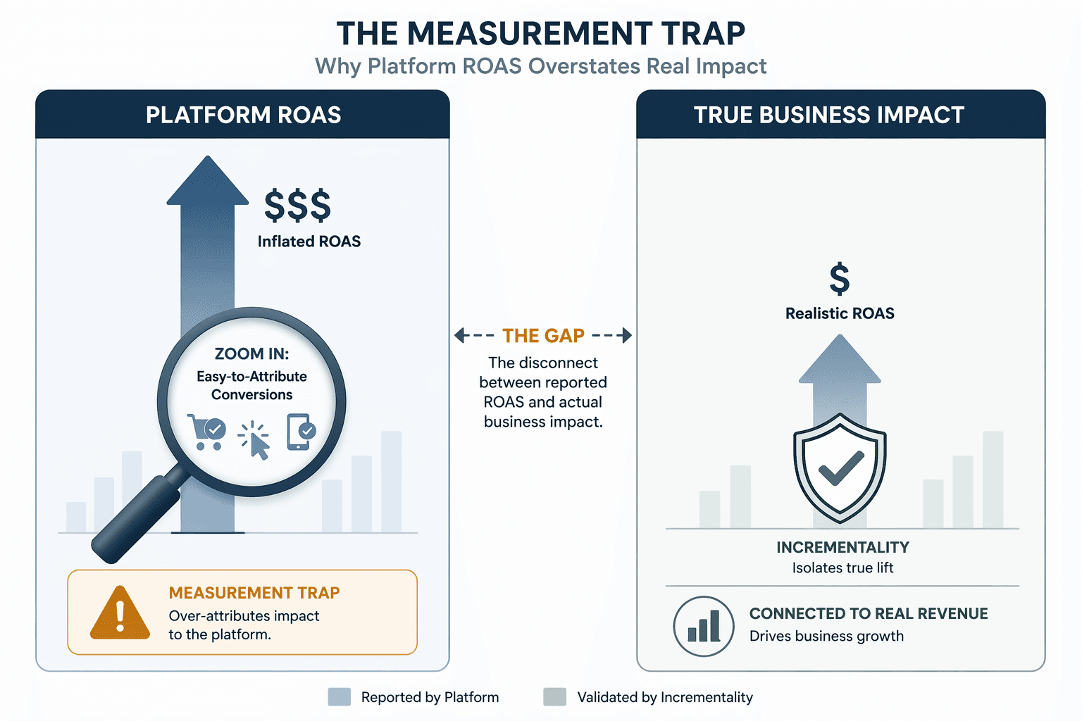 A two-column comparison diagram showing the measurement trap in AI performance marketing: left column shows Platform ROAS with an inflated arrow and magnifying glass icon, right column shows True Business Impact with a modest arrow and shield icon, with a dashed line labeled 'gap' between them.