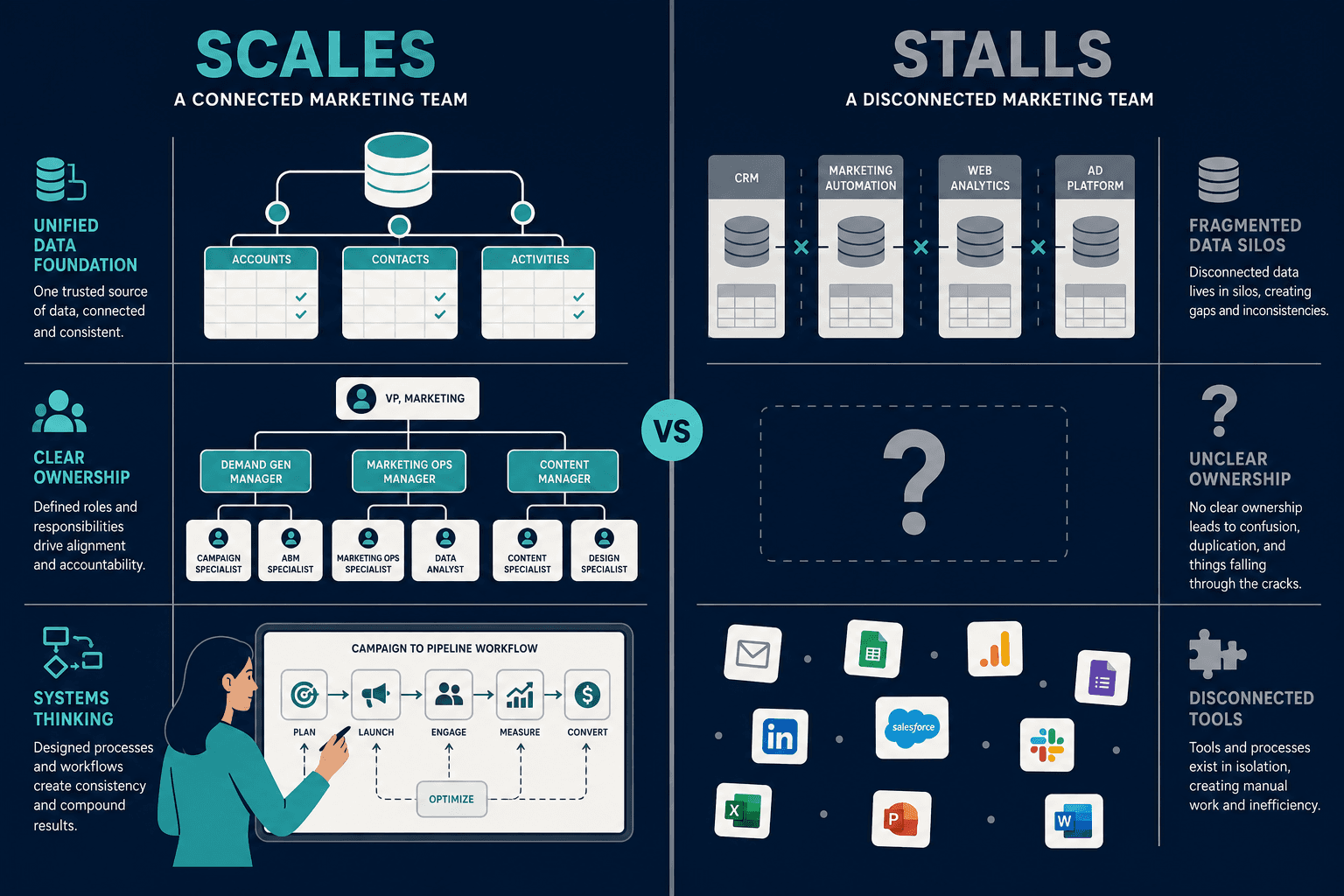 Flat vector comparison illustration with two B2B marketing teams side by side: the left 'Scales' side shows a unified data foundation with connected database nodes, clear org chart ownership, and a systems thinker designing a workflow; the right 'Stalls' side shows fragmented data silos, a question mark for ownership, and scattered disconnected tools. Navy, teal, and warm gray palette.