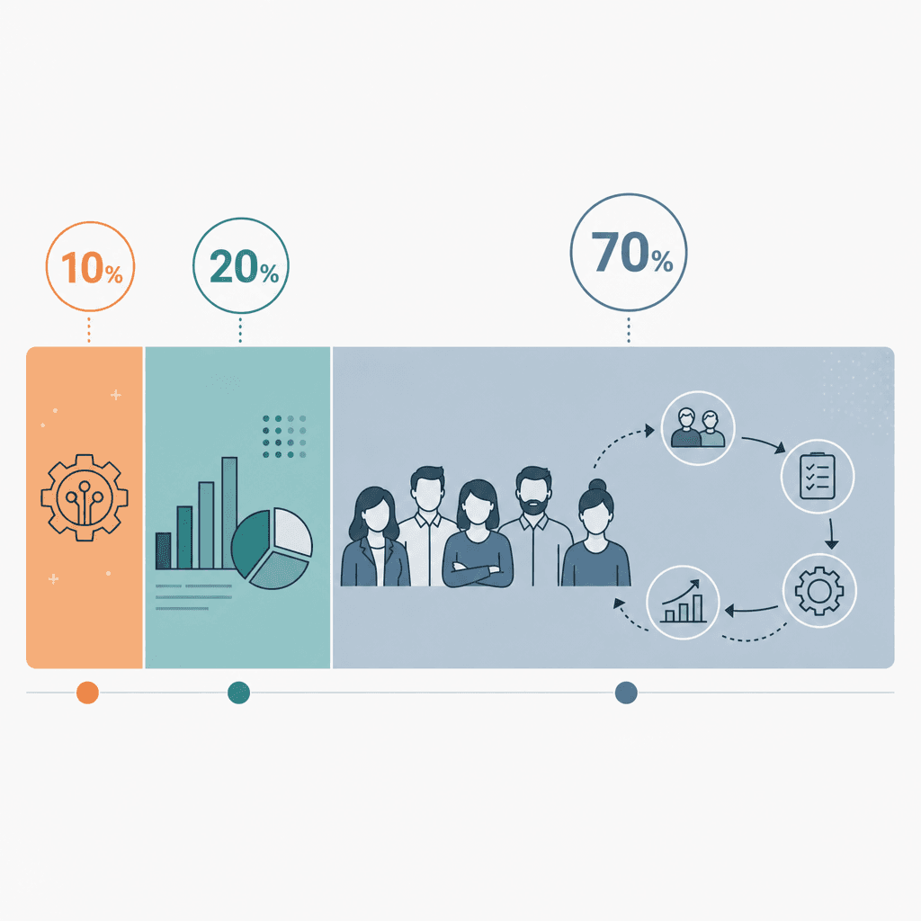 Three proportional horizontal segments illustrating the 10-20-70 rule: 10% algorithms, 20% technology/data, 70% people and process.
