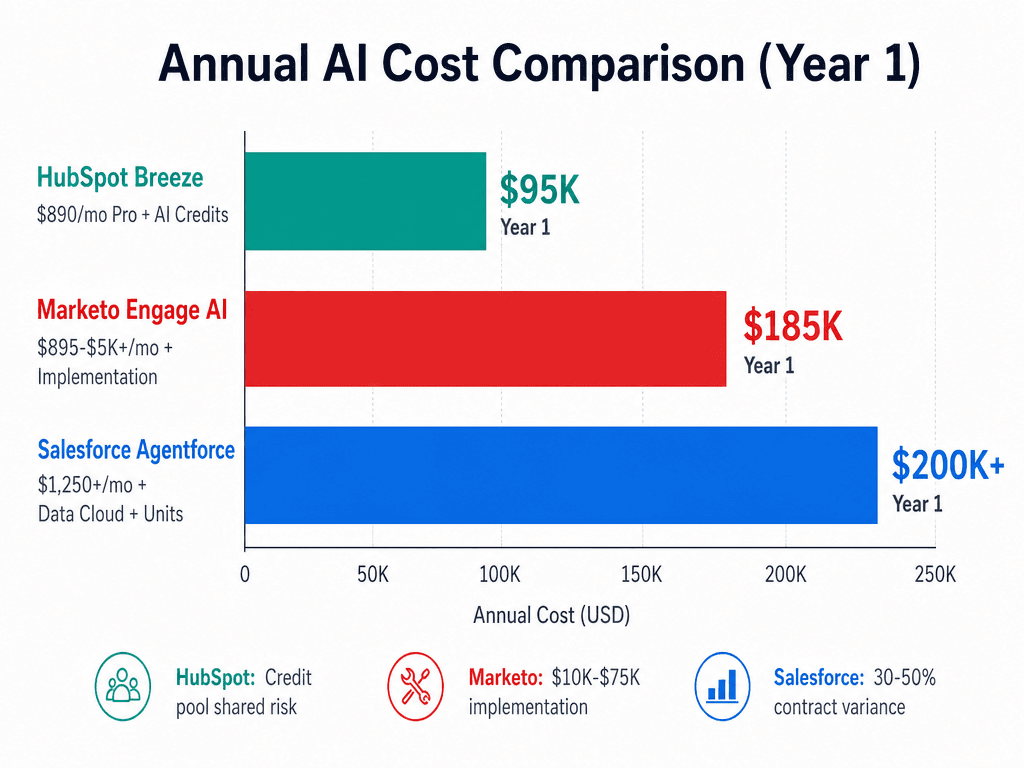 Horizontal bar chart infographic titled 'Annual AI Cost Comparison (Year 1)' showing HubSpot Breeze at ~$95K, Marketo Engage AI at ~$185K, and Salesforce Agentforce exceeding $200K.