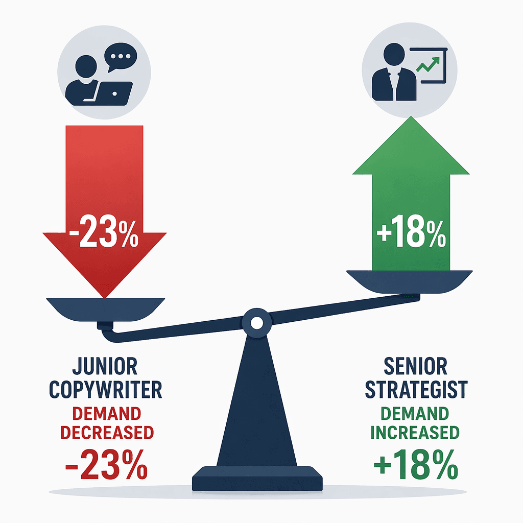 Comparison visual with two directional arrows: a downward red arrow on the left showing a 23% decrease for junior copywriter roles and an upward green arrow on the right showing an 18% increase for senior strategist demand.
