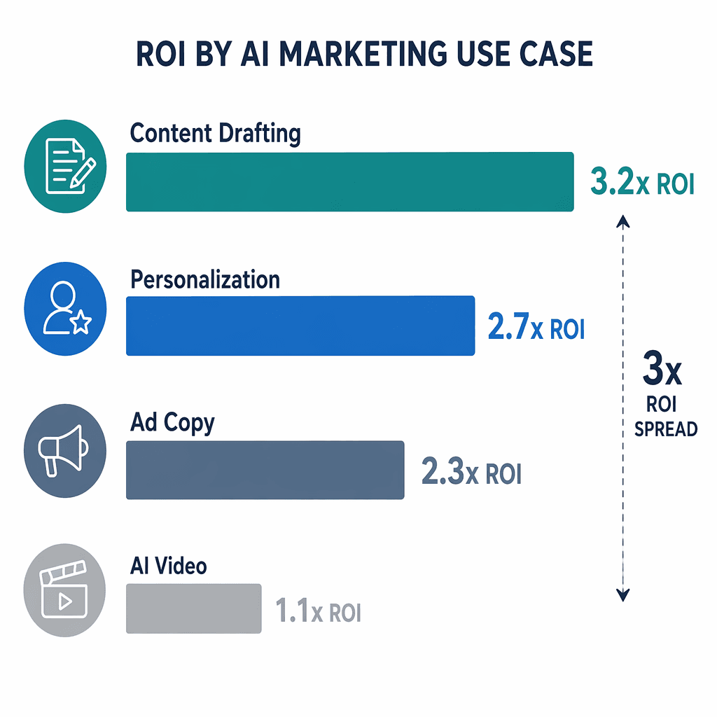Horizontal bar chart comparing ROI across four AI marketing use cases: Content Drafting 3.2x, Personalization 2.7x, Ad Copy 2.3x, and AI Video 1.1x.
