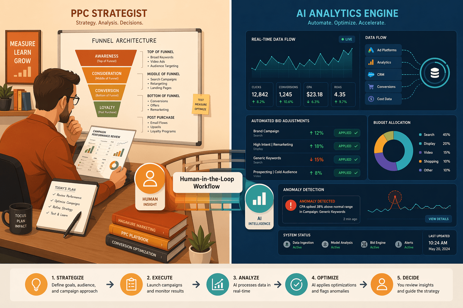 A two-panel editorial illustration: left side in warm amber tones shows a PPC strategist reviewing funnel architecture on a whiteboard and campaign documents on a desk; right side in cool blue tones shows an AI analytics dashboard with real-time data flows and automated bid adjustment indicators; a bridge graphic labeled 'Human-in-the-Loop Workflow' connects both panels.