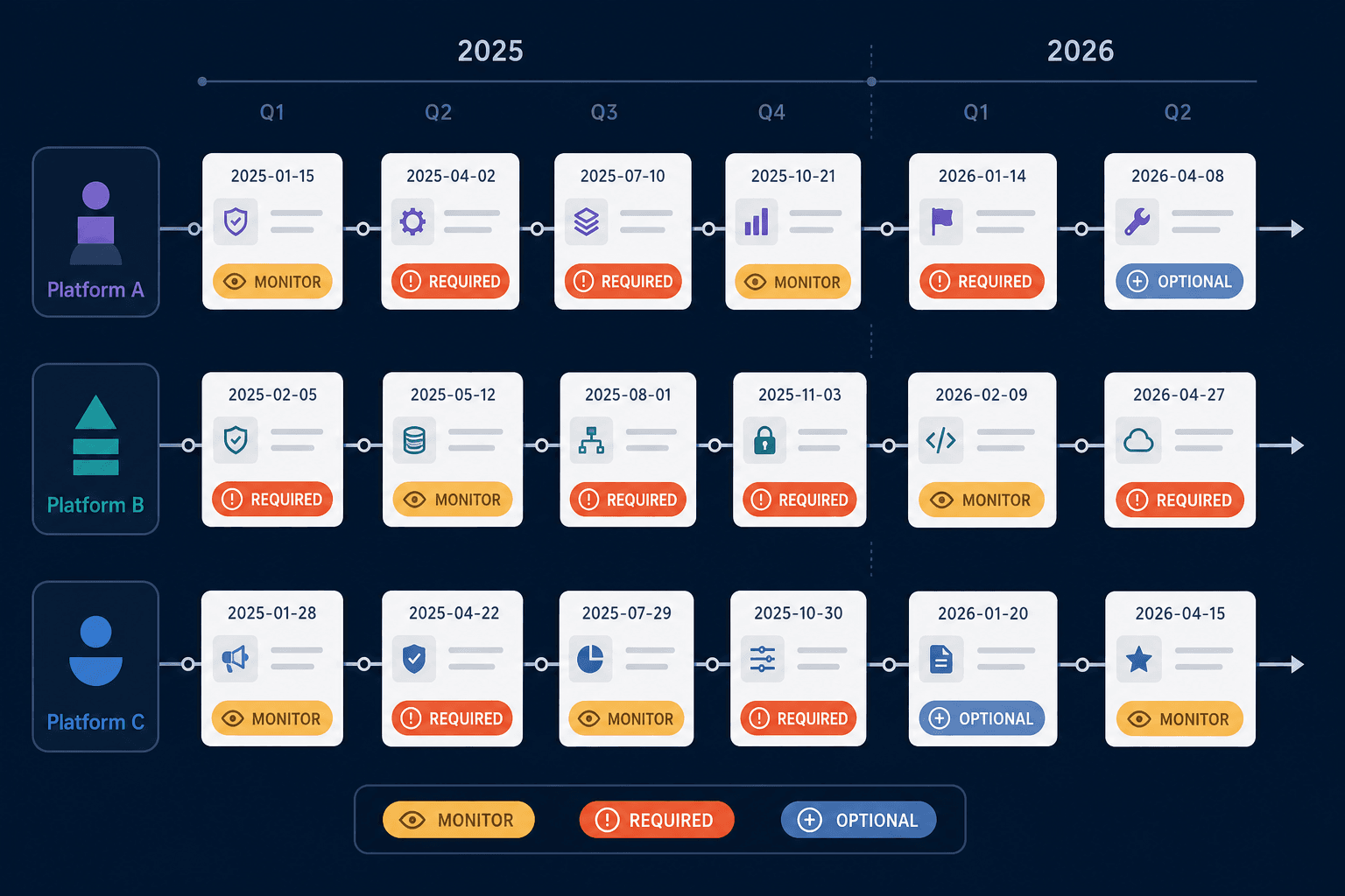 Three-platform changelog timeline showing Google Ads, Meta, and HubSpot entries from 2025 to 2026 with color-coded action status badges — Required, Monitor, and Optional