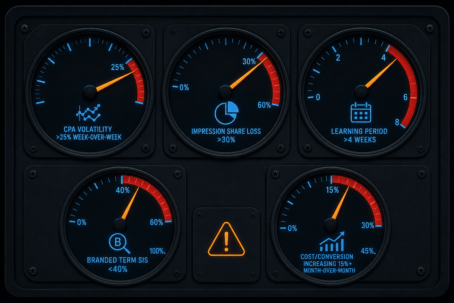 An instrument-panel style editorial illustration on a dark background with five illuminated gauge dials in blue and amber, each indicating a PPC warning threshold: CPA volatility exceeding 25% week-over-week, impression share loss above 30%, learning period beyond 4 weeks, branded term SIS below 40%, and cost per conversion increasing over 15% month-over-month, with red alert zones on each gauge.