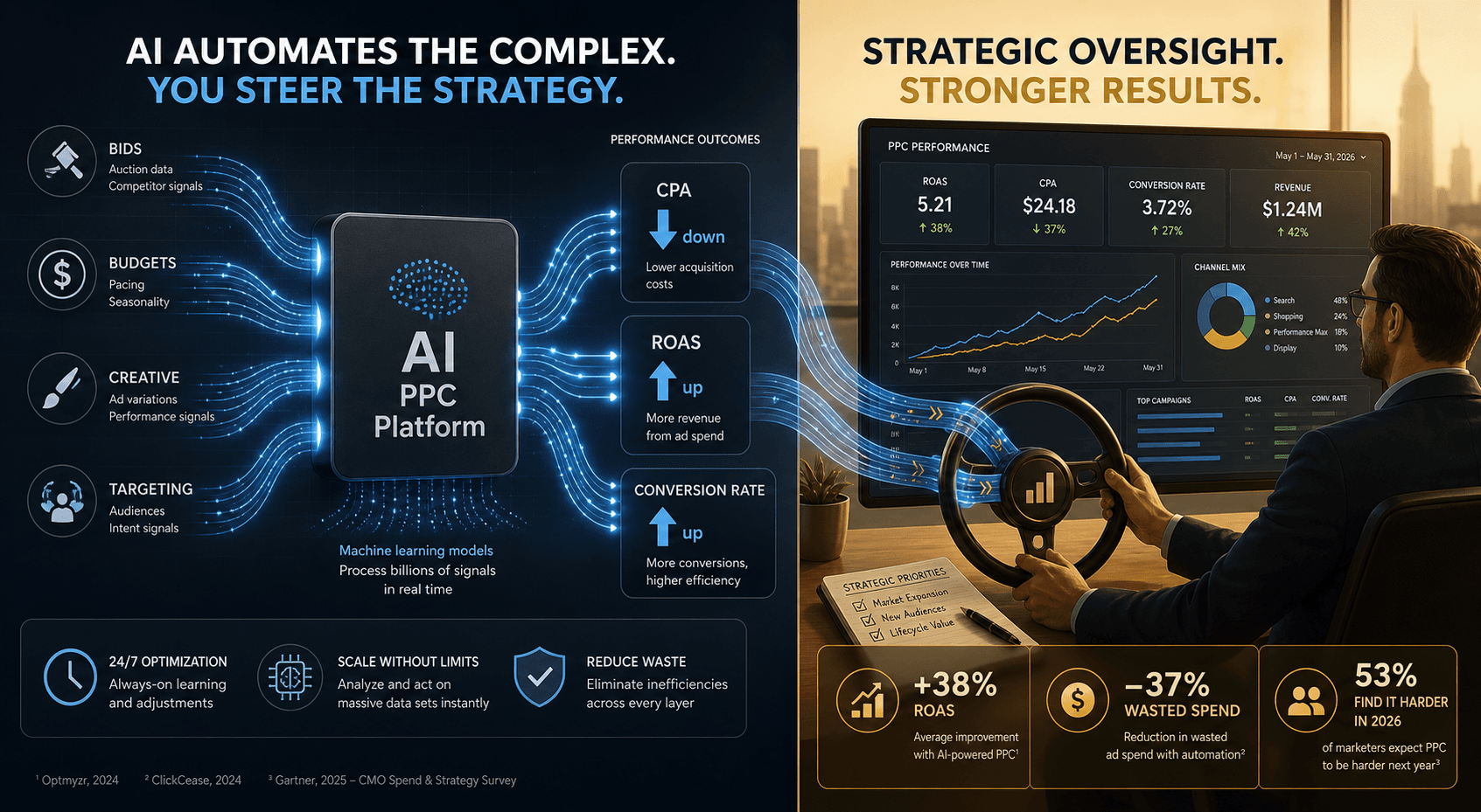 Split-composition editorial illustration: left side shows a dark gray 'AI PPC Platform' box with glowing blue data streams flowing in and performance metric arrows flowing out; right side shows a human strategist at a desk holding a steering wheel icon overlaid on data pipes. Small stat callouts read '+38% ROAS', '-37% wasted spend', and '53% find it harder in 2026'.