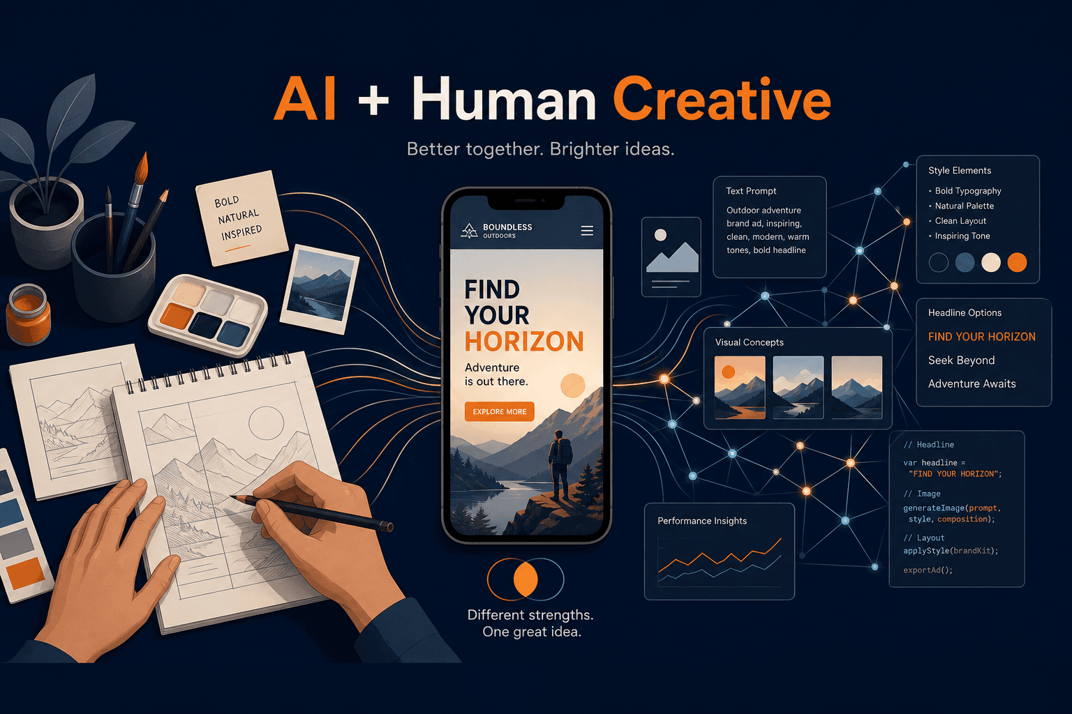 Flat vector illustration split in two halves: left side shows a paintbrush, sketchpad, and human hands representing traditional creative tools; right side shows glowing neural network nodes, code fragments, and digital patterns representing AI tools. Both sides converge at center into a phone screen displaying a polished finished ad.