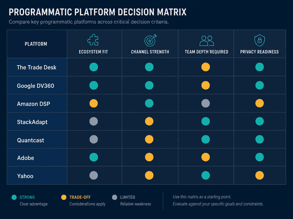Decision criteria matrix grid with seven DSP platforms as rows and four decision-criteria columns using amber, teal, and gray dot indicators to show each platform's strengths and trade-offs.