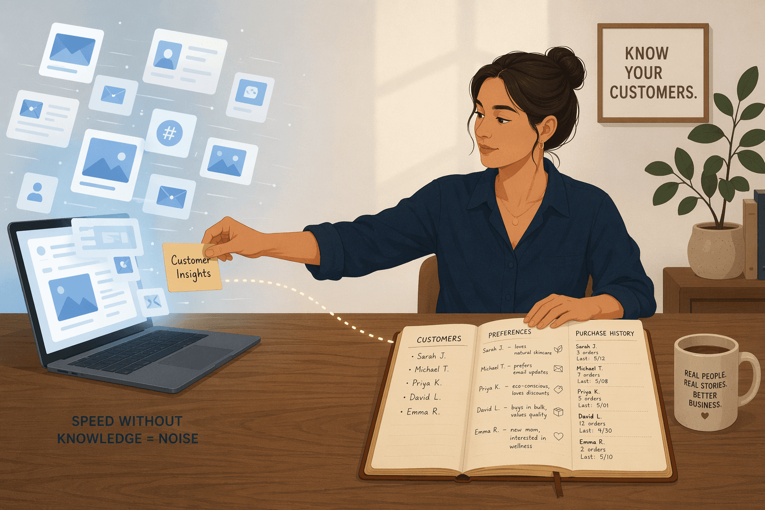 A flat vector illustration of a small business owner at a wooden desk. A laptop screen on the left emits identical blue-white generic AI content shapes floating outward. An open notebook on the right shows handwritten customer names, preferences, and purchase history in warm paper tones. The business owner's hand reaches from the notebook toward the screen, bridging the gap between personal customer data and generic AI output.