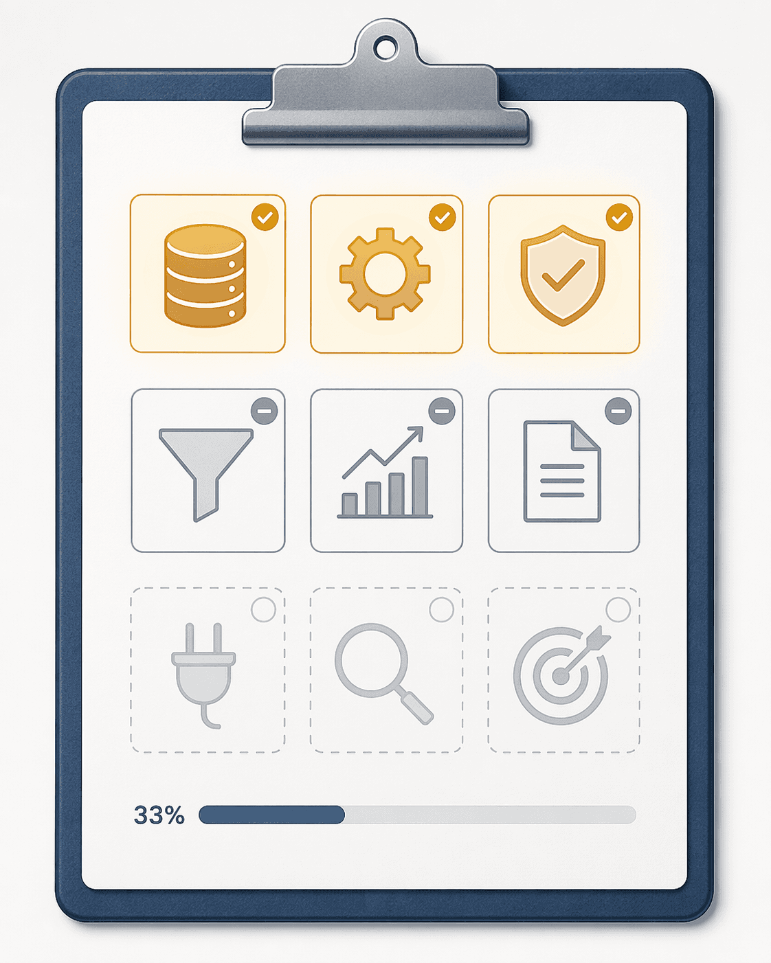 Diagnostic checklist concept showing a 3x3 grid of 9 icon nodes representing data, integration, ownership, measurement, and governance readiness. Top row nodes glow amber, middle row is gray, bottom row is muted, with a progress bar at the bottom reading approximately 33%.