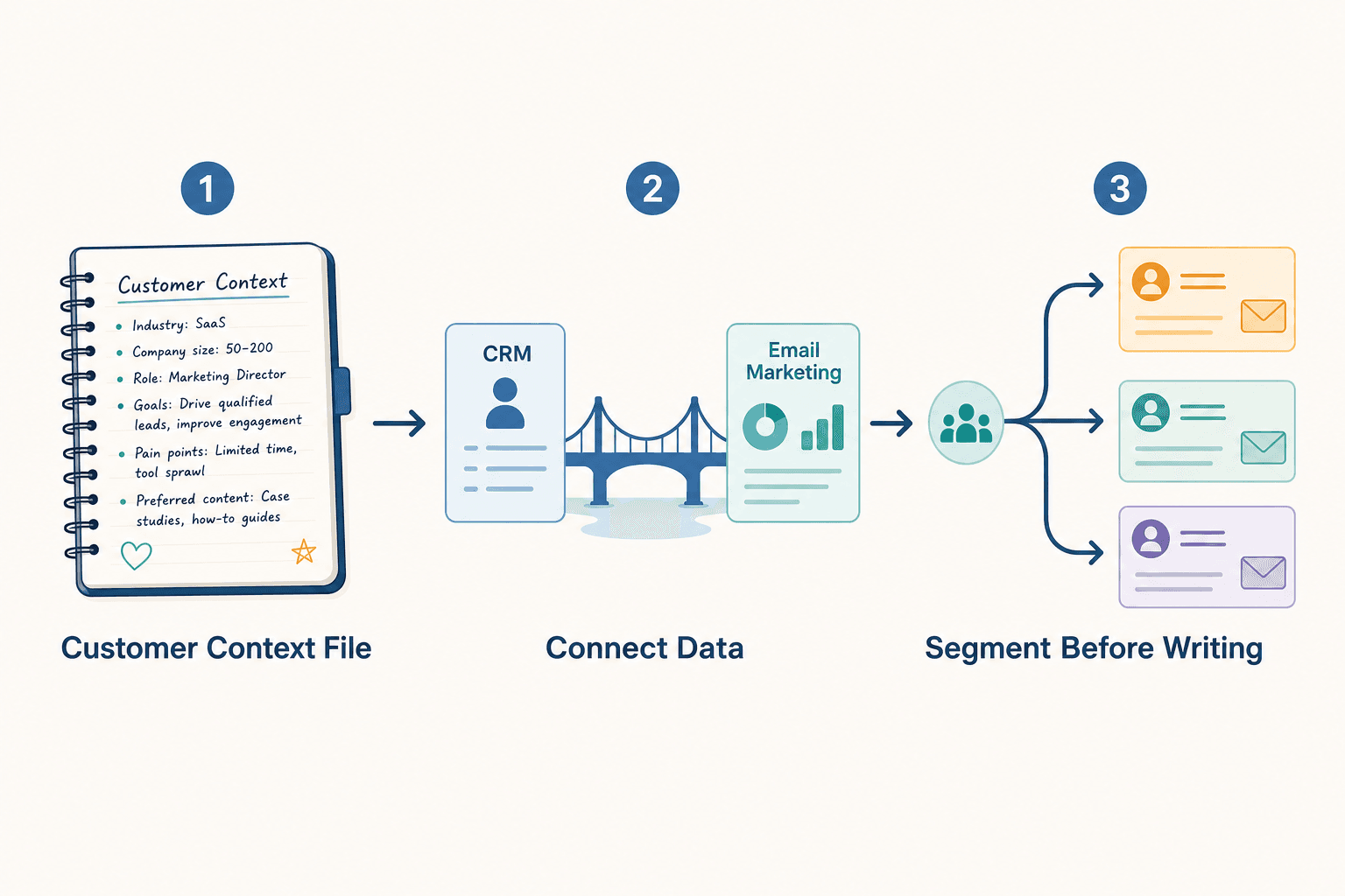 A flat vector illustration of a three-step horizontal workflow diagram. Step 1 shows a notebook icon labeled 'Customer Context File.' Step 2 shows a CRM icon connected to an email dashboard icon via a bridge, labeled 'Connect Data.' Step 3 shows audience segments splitting into distinct personalized message cards, labeled 'Segment Before Writing.' Arrow connectors flow between the three steps in blue, teal, and warm accent colors.