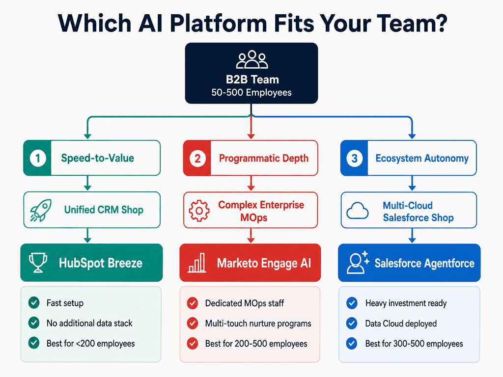 Decision framework infographic titled 'Which AI Platform Fits Your Team?' with three pathways: Speed-to-Value (HubSpot Breeze, best for under 200 employees), Programmatic Depth (Marketo Engage, 200-500 employees), and Ecosystem Autonomy (Salesforce Agentforce, 300-500 employees).