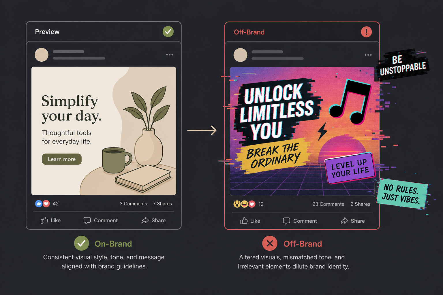 Split illustration showing an ad in Ads Manager preview on the left and a distorted off-brand version on the right.