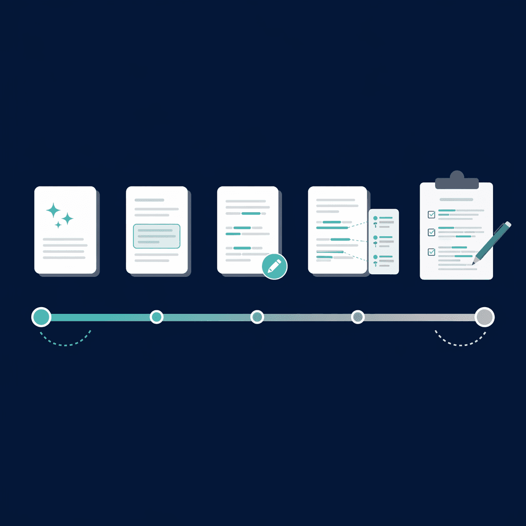 A minimalist spectrum illustration on a dark navy background showing a horizontal gradient from left to right, with abstract tool marker shapes spaced along a scale to represent varying levels of human editing and oversight needed, using white, gray, and teal accent colors.