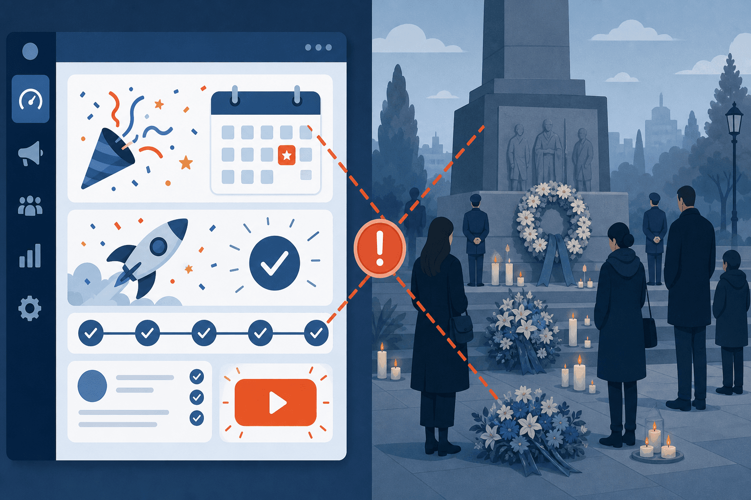 Split-scene illustration showing an automated campaign dashboard on the left and a solemn memorial scene on the right, connected by a red overlay indicating the mismatch between AI scheduling and real-world cultural context.