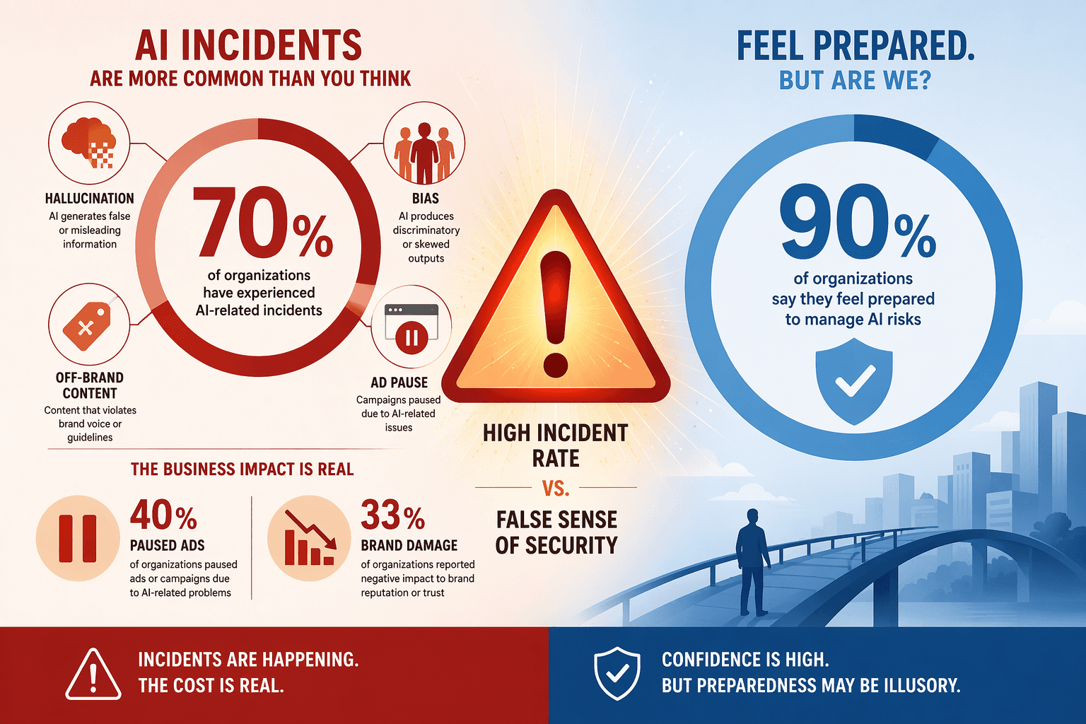 An editorial data-comparison illustration showing a large red '70%' circle with incident icons on the left, a large blue '90%' circle with shield on the right, and an amber warning triangle between them.
