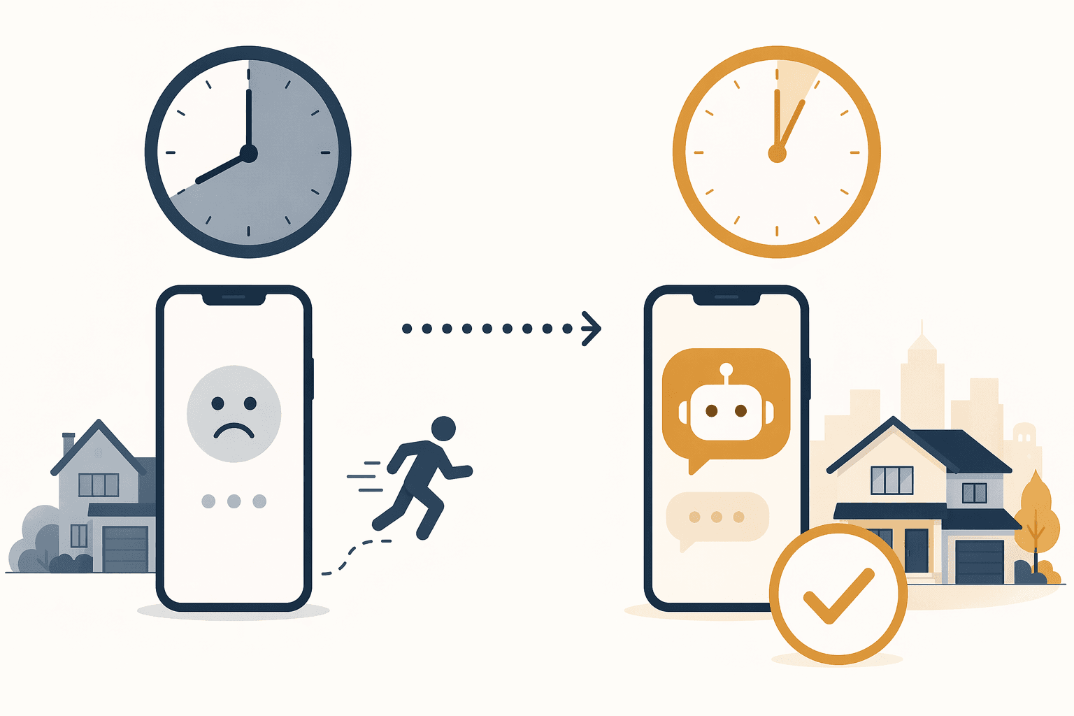 A before-and-after editorial illustration showing lead response workflow transformation: left side shows an 8-hour clock and a slipping lead icon, right side shows an under-2-minute clock, an automated chat reply icon, and an appointment confirmed checkmark, connected by a dotted arrow, in muted navy and warm amber tones.