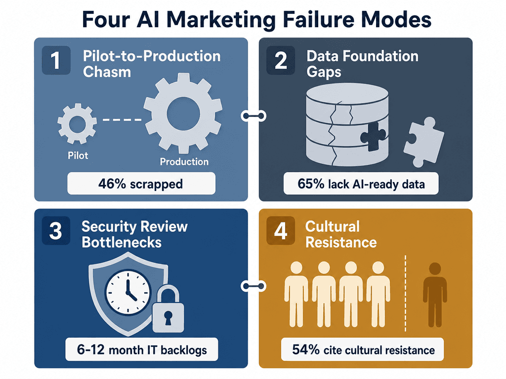 A 2x2 grid diagnostic diagram titled 'Four AI Marketing Failure Modes' showing four panels: Pilot-to-Production Chasm, Data Foundation Gaps, Security Review Bottlenecks, and Cultural Resistance.