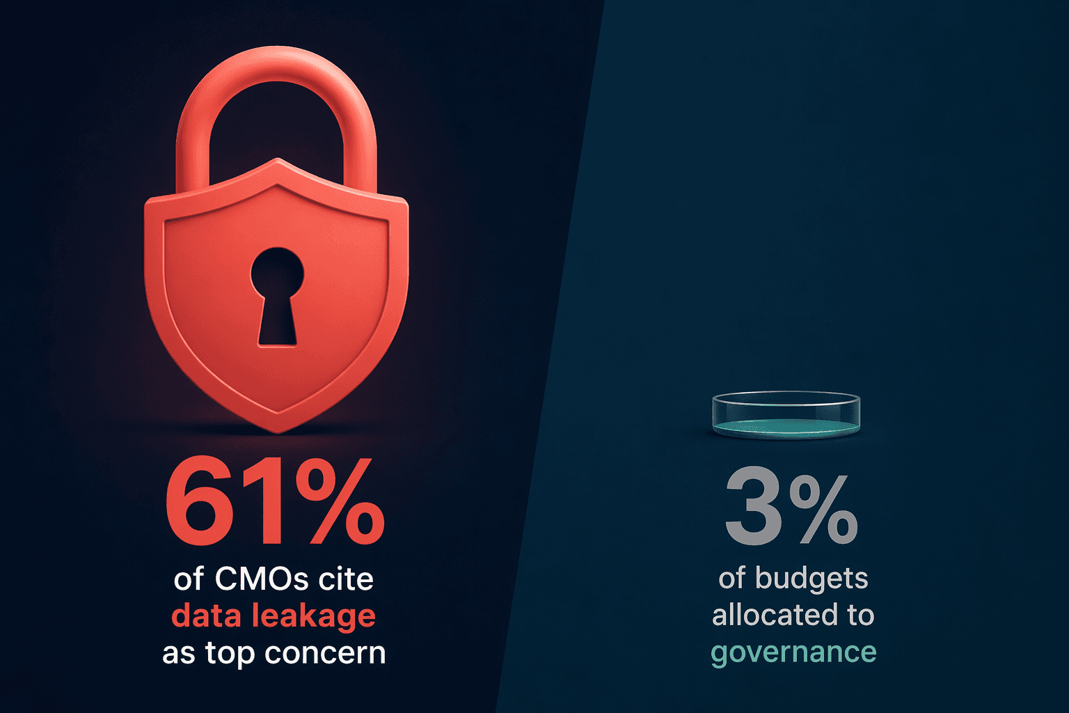 Side-by-side comparison graphic showing a large coral '61%' figure with a padlock icon contrasted with a tiny muted gray '3%' figure.
