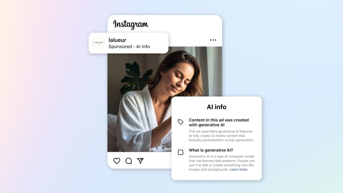 Meta's official AI transparency labels for advertising displayed on a smartphone interface, featuring 'AI info' disclosure badges and informational panels that inform users when ad content has been created or edited using generative AI tools