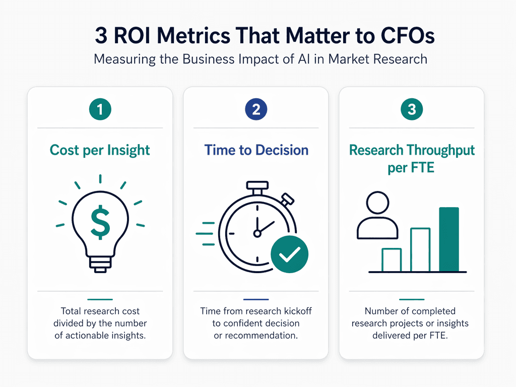 Three-card framework infographic showing CFO-relevant AI research ROI metrics: Cost per Insight, Time to Decision, and Research Throughput per FTE