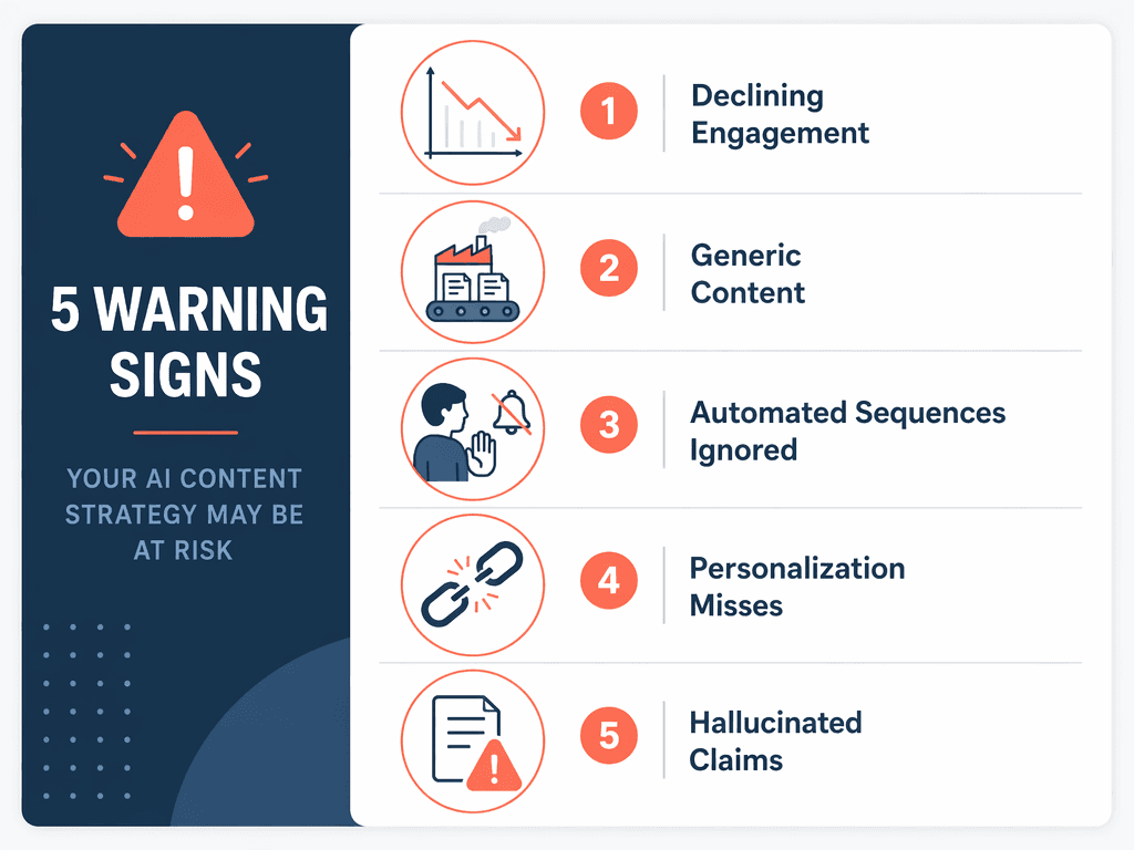 A checklist-style infographic showing five warning sign icons: declining engagement, generic content, ignored notifications, broken personalization, and data errors.
