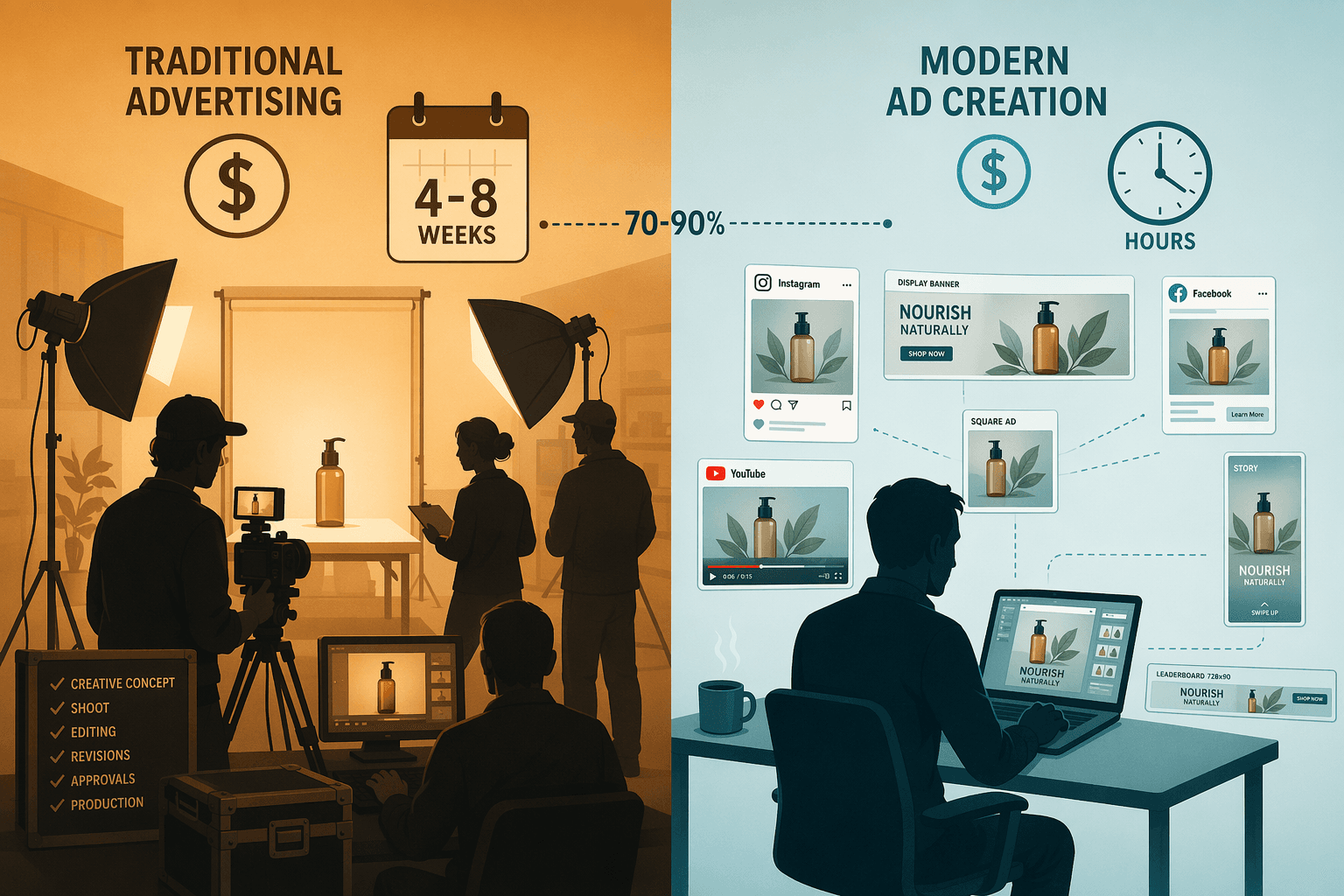 A clean editorial vector illustration split vertically into two halves: warm amber left side shows a traditional ad production studio with cameras, lighting stands, a product on a table, silhouetted crew figures, a dollar sign icon and a calendar marked 4-8 weeks; cool teal right side shows a single silhouetted marketer at a laptop with a coffee cup, surrounded by floating ad mockups in various sizes, a small dollar sign and a clock showing hours, with a dotted line connecting both sides labeled 70-90%
