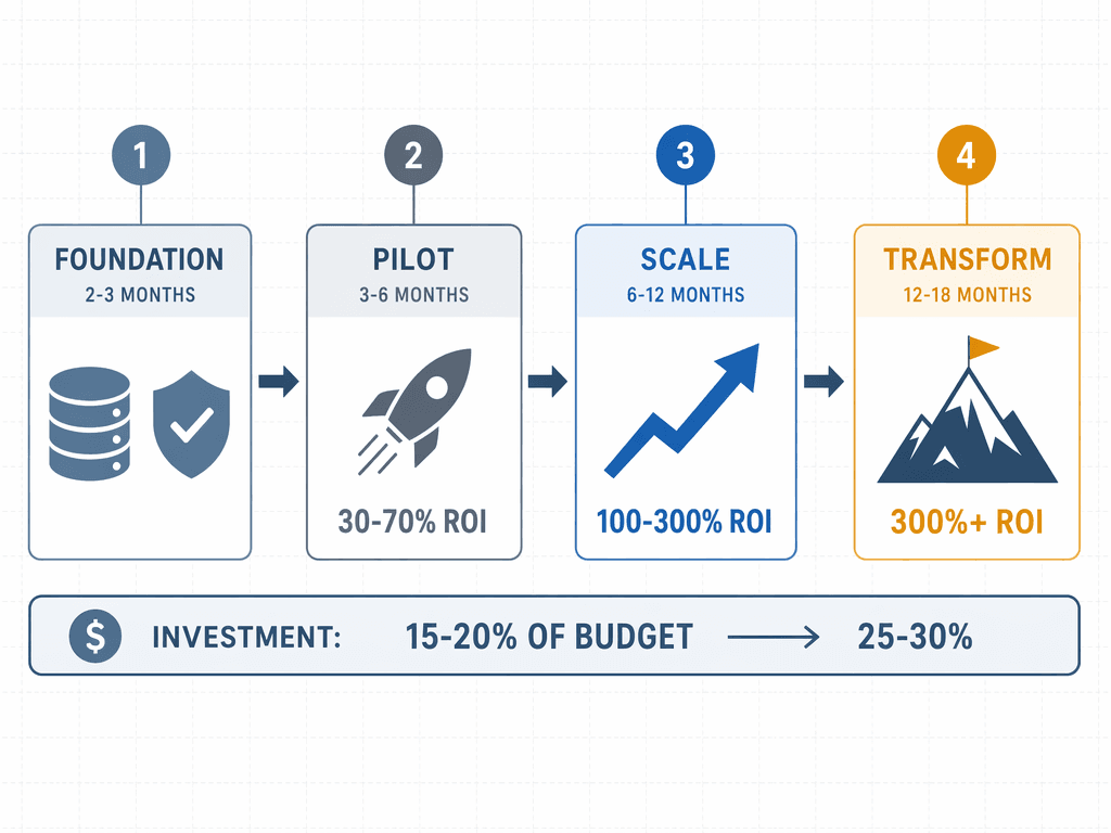 A horizontal four-stage timeline roadmap showing Foundation (2-3 months), Pilot (3-6 months) with 30-70% ROI, Scale (6-12 months) with 100-300% ROI, and Transform (12-18 months) with 300%+ ROI, with a budget bar below showing 15-20% to 25-30% investment progression.