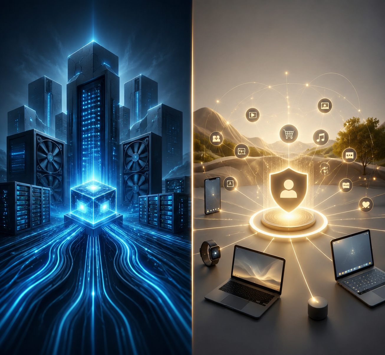 Side-by-side comparison of AI data center infrastructure and integrated consumer AI ecosystem