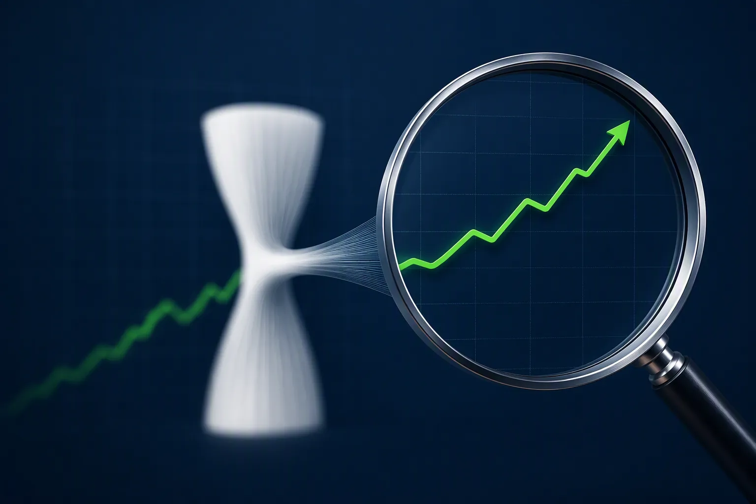 Magnifying glass separating a genuine rising growth signal from a distorted earnings column