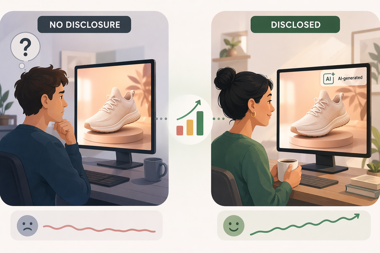 Comparison of an unlabeled AI ad causing uncertainty and a labeled AI ad creating more trust