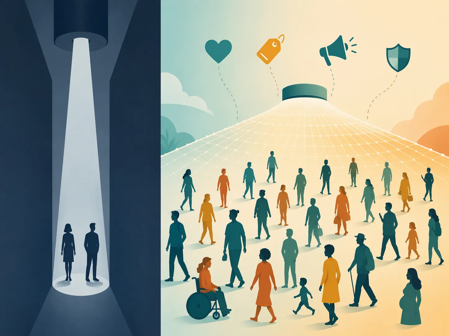 Split scene contrasting a narrow demographic targeting beam with a broad automated audience net using offer and creative signals