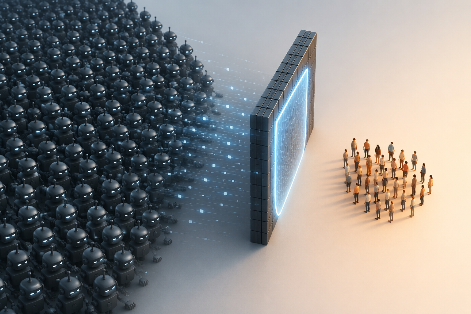 Abstract visualization of a large blocked bot swarm compared with a smaller human traffic cluster