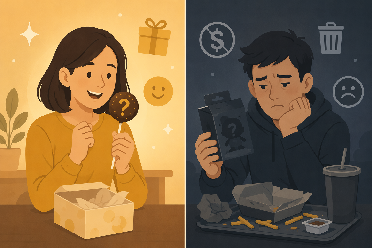 Split-screen of a delighted shopper with a mystery cake pop and a disappointed shopper next to wasted blind-box food