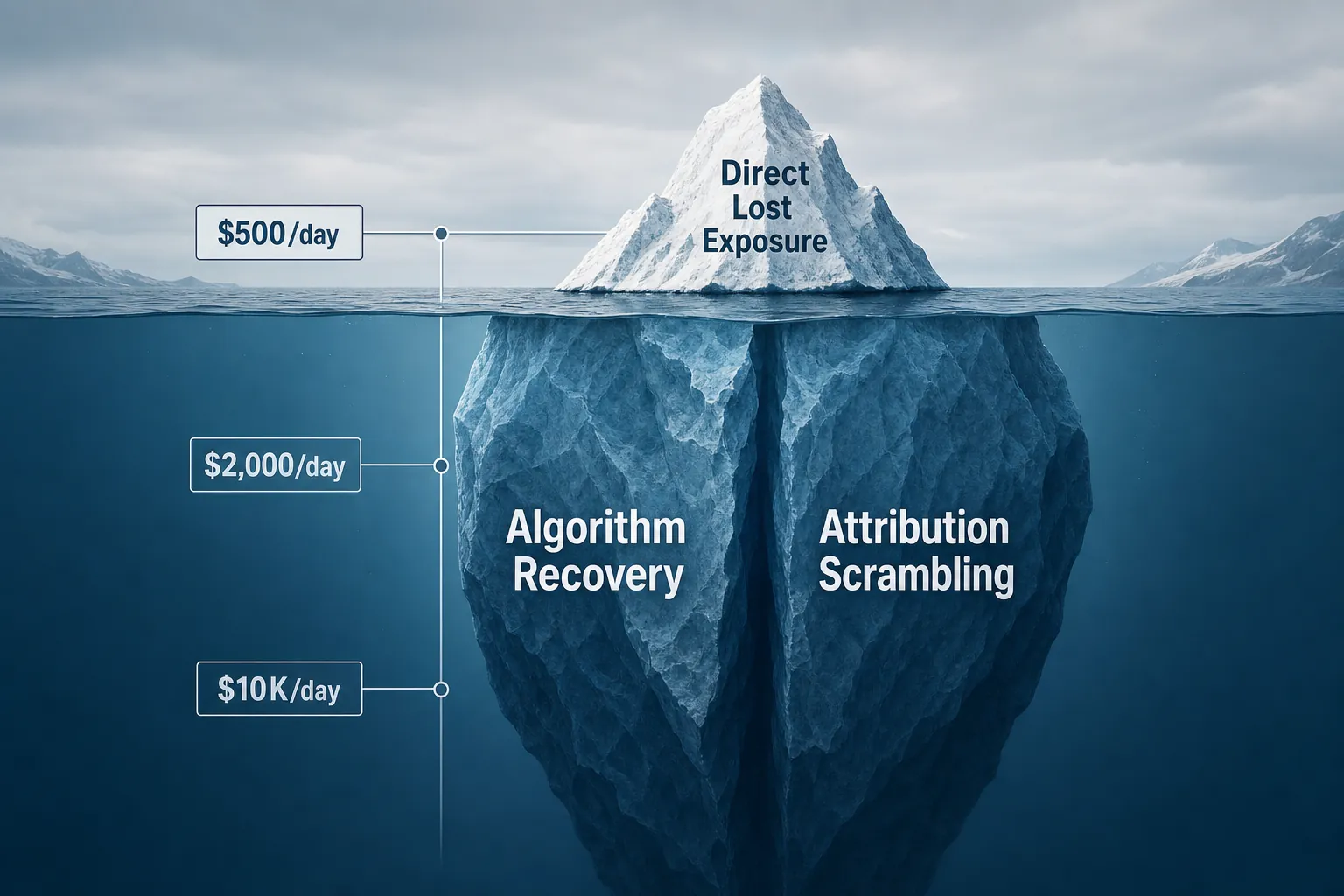 Editorial iceberg illustration showing small visible spend-tier impact above water and larger hidden recovery and attribution costs below