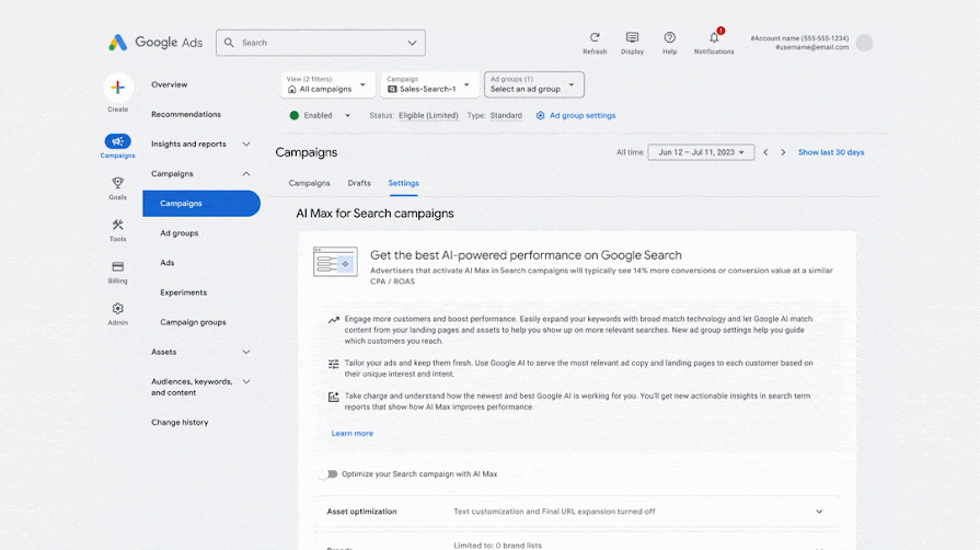 Google Ads interface for setting up AI Max for Search campaigns