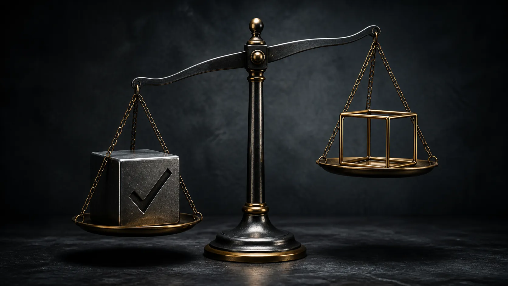 A balance scale comparing a solid checked cube with a lighter wireframe cube