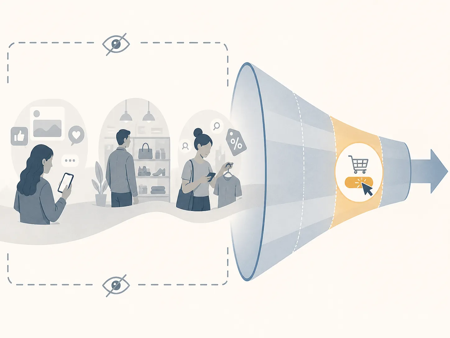 Purchase path showing social scrolling, in-store browsing, and discount seeking outside a conversion-only funnel