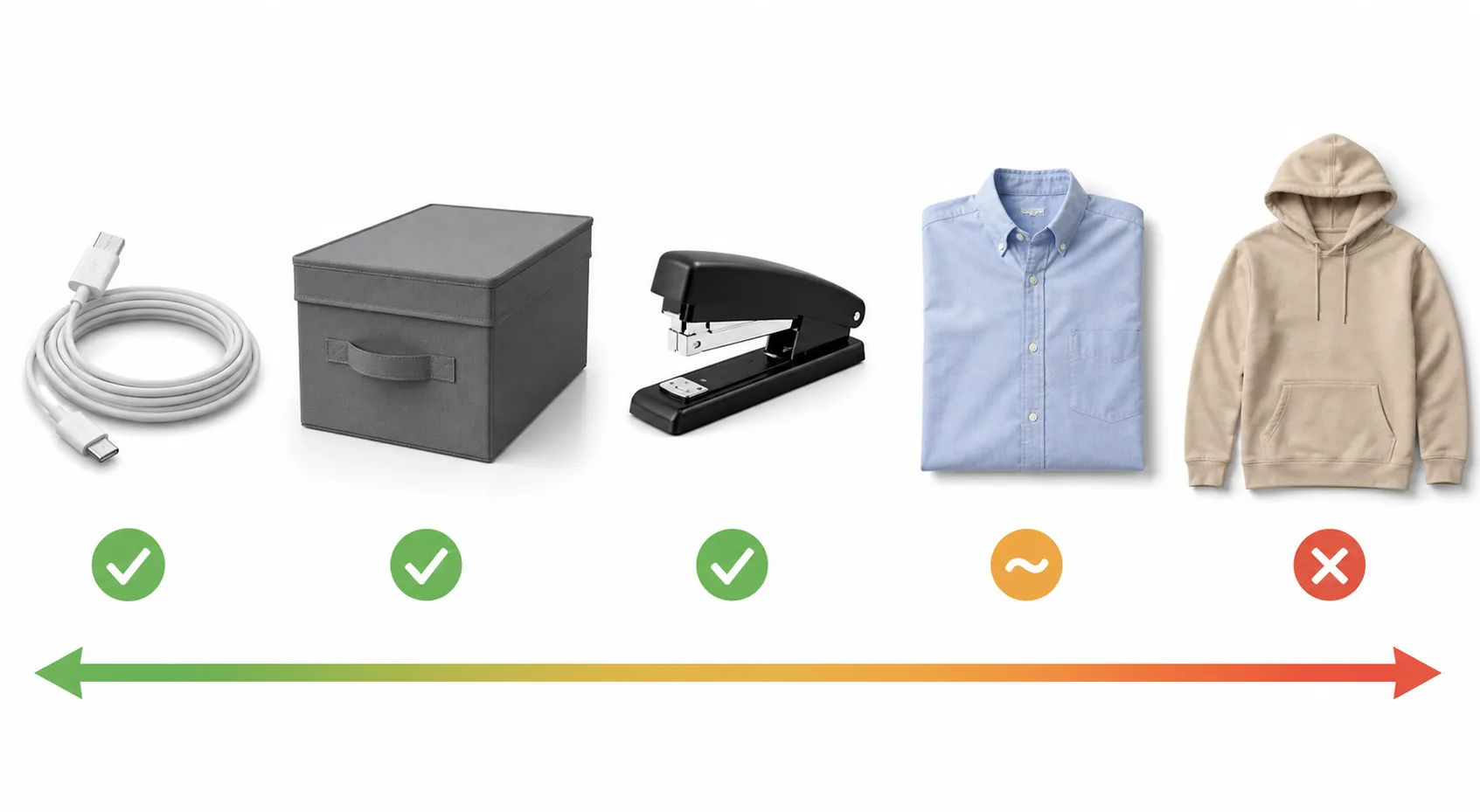 Product category spectrum showing commodity and functional items as stronger AI image candidates and fashion items as more cautious candidates